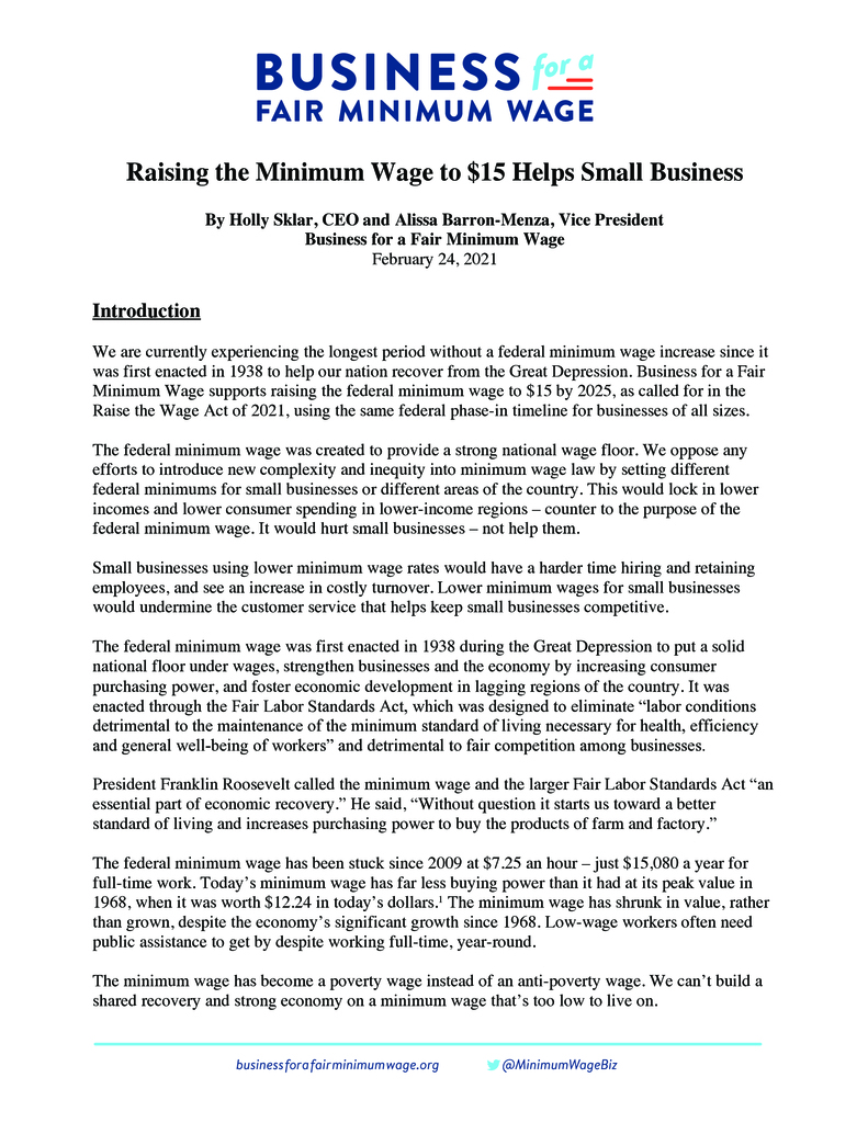 Raising the Minimum Wage to $15 Helps Small Business Raising the Minimum Wage to $15 Helps Small Business