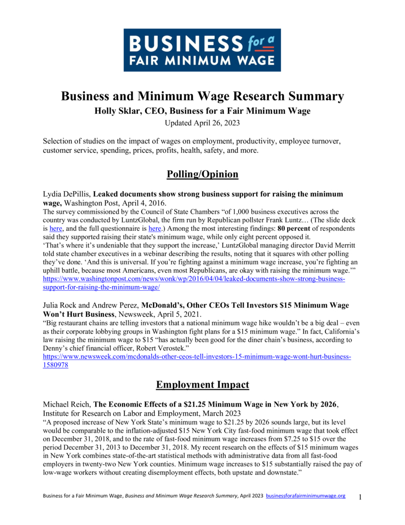 Business and Minimum Wage Research Summary Business and Minimum Wage Research Summary